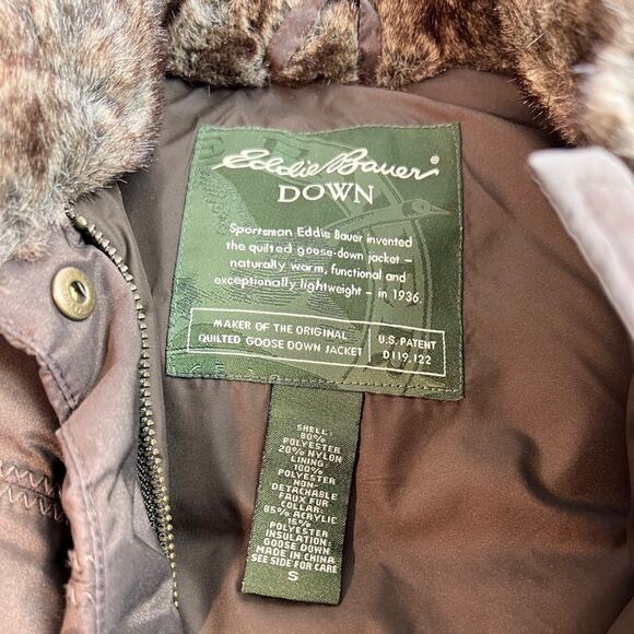 EDDIE BAUER Brown Quilted Puffer Down Vest with Faux Fur Collar Women’s Sz Small - Picture 5 of 6